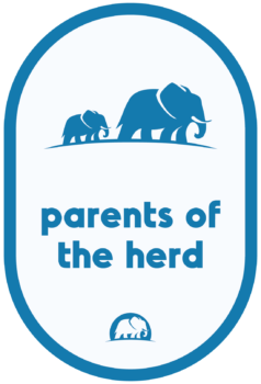 Logo with graphic of an elephant walking and smaller elephant following. Parents of the Herd ERG.